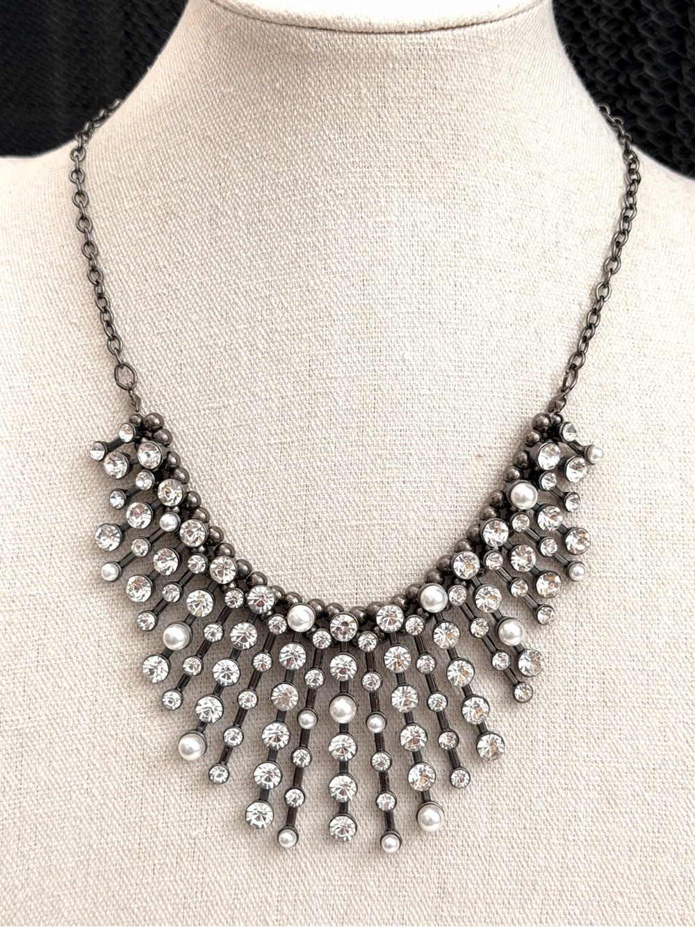 Rhinestone Faux Pearl Gunmetal Fringe Bib Statement Necklace